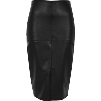 Black faux leather panel pencil skirt